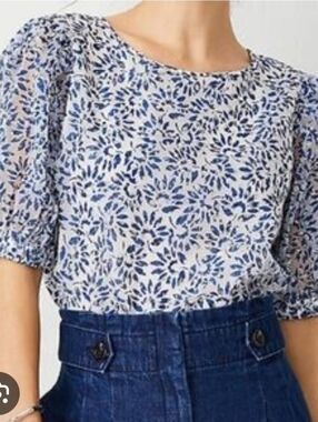 Ann Taylor Blue & White Floral Short Sheer Puff-Sleeve Blouse, Lined, S:XSP, NWT